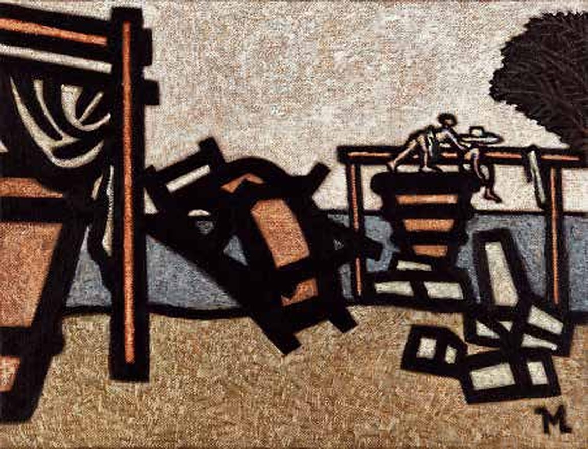 Deckchairs and pots piled up on the beach; a figure seated on a walkway