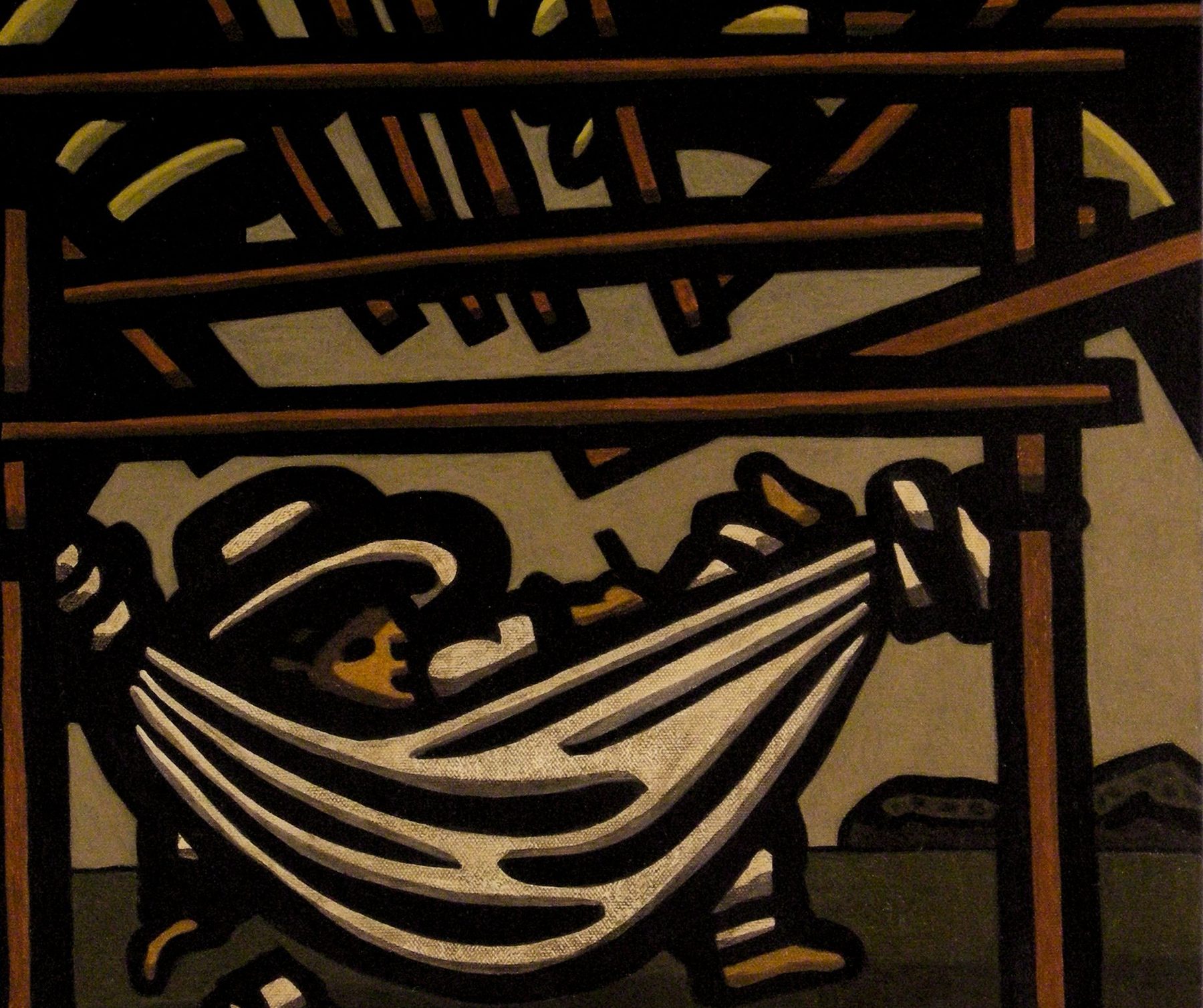 Figure lying in a hammock under a wooden pergola