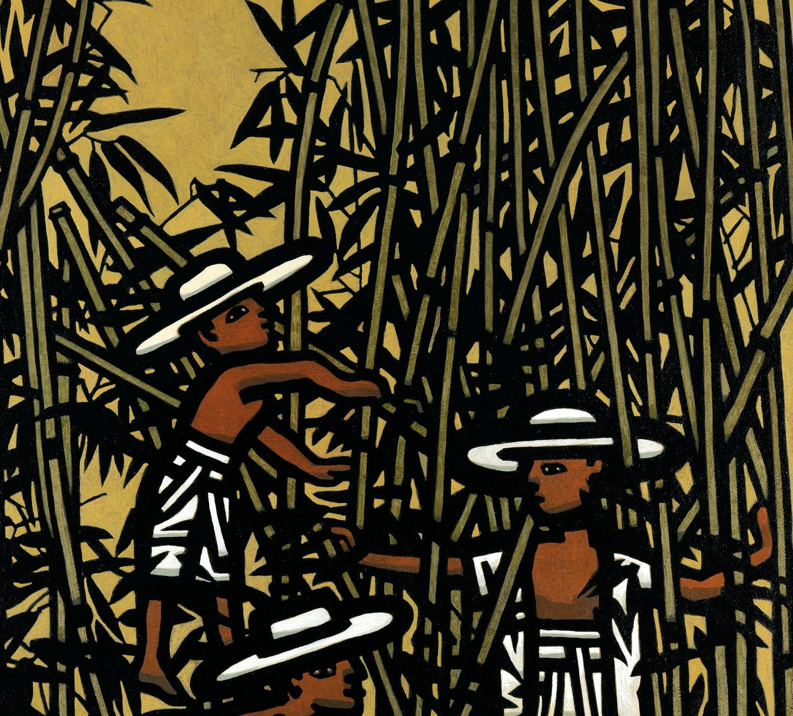 Three figures in white hats playing in a dense bamboo grove