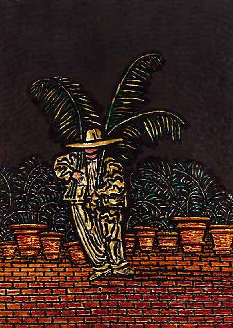 Figure in a hat beneath a palm, among terracotta pots on a brick terrace