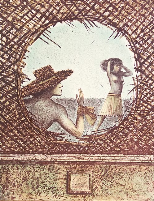 A través de un óculo de mimbre, una mujer con sombrero de paja y una muchacha ante el mar