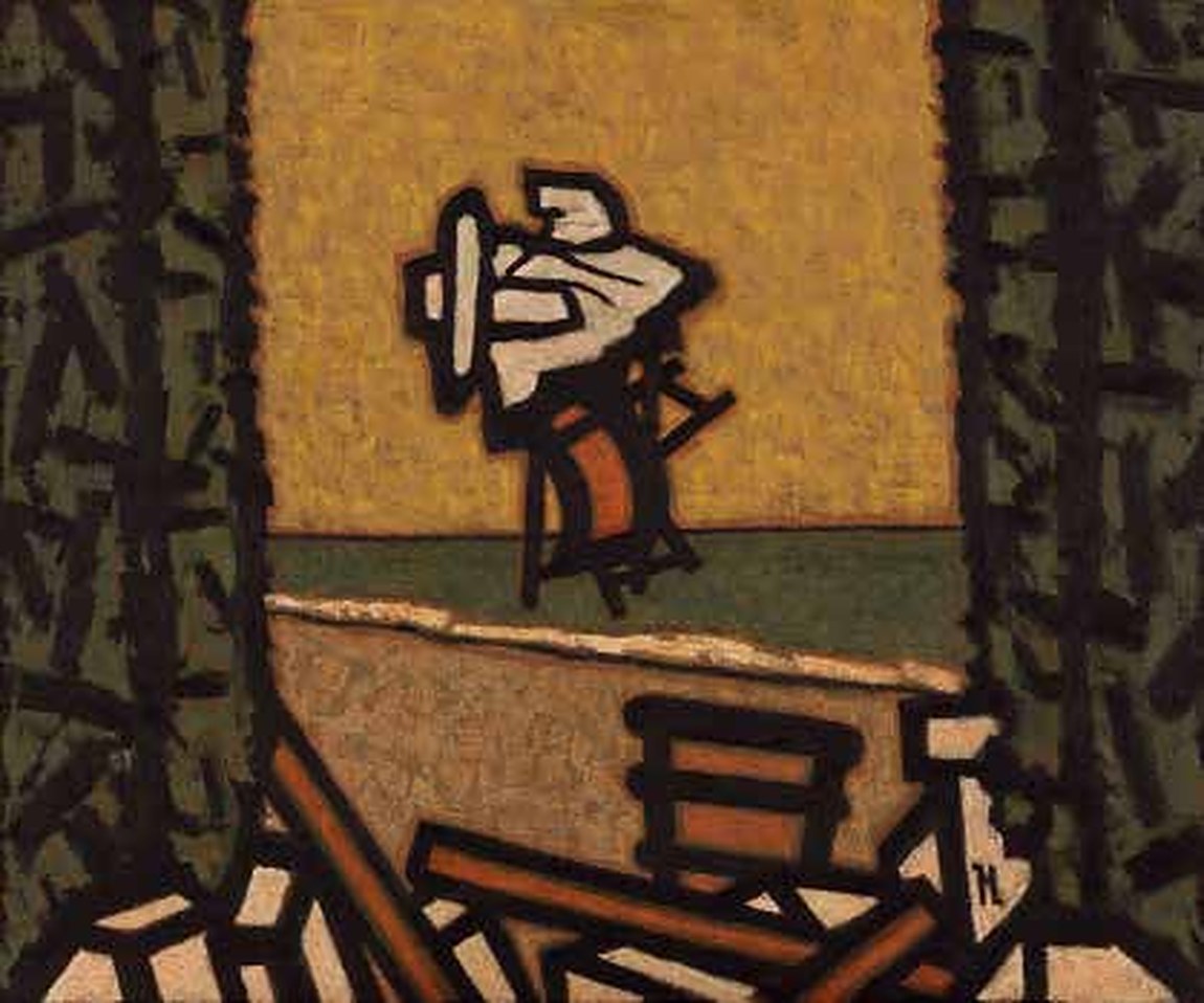 A figure dressed in white among deckchairs tossed by the wind, by the sea