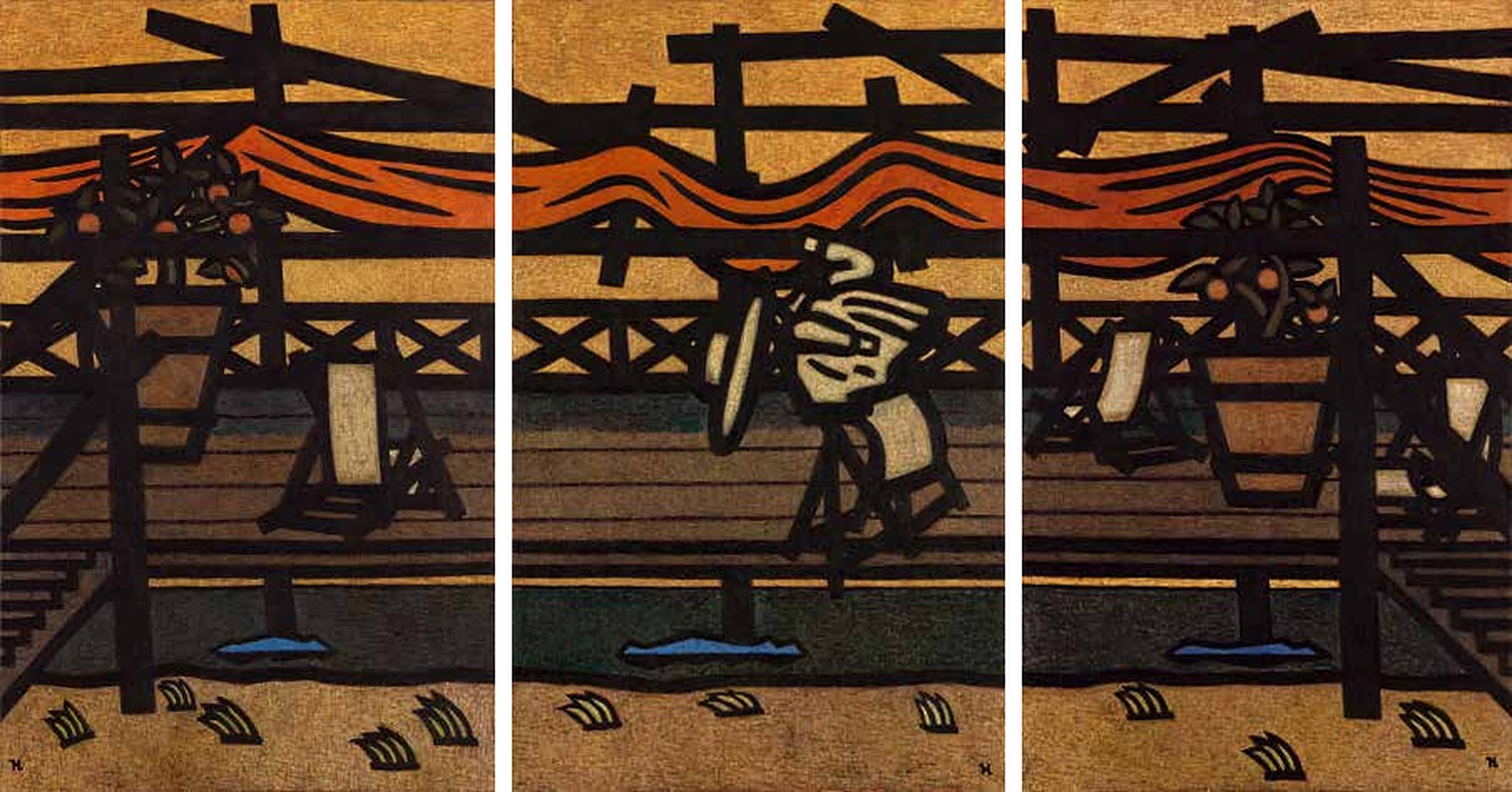 Three panels: terraces with pergolas and balustrades over the sea at sunset