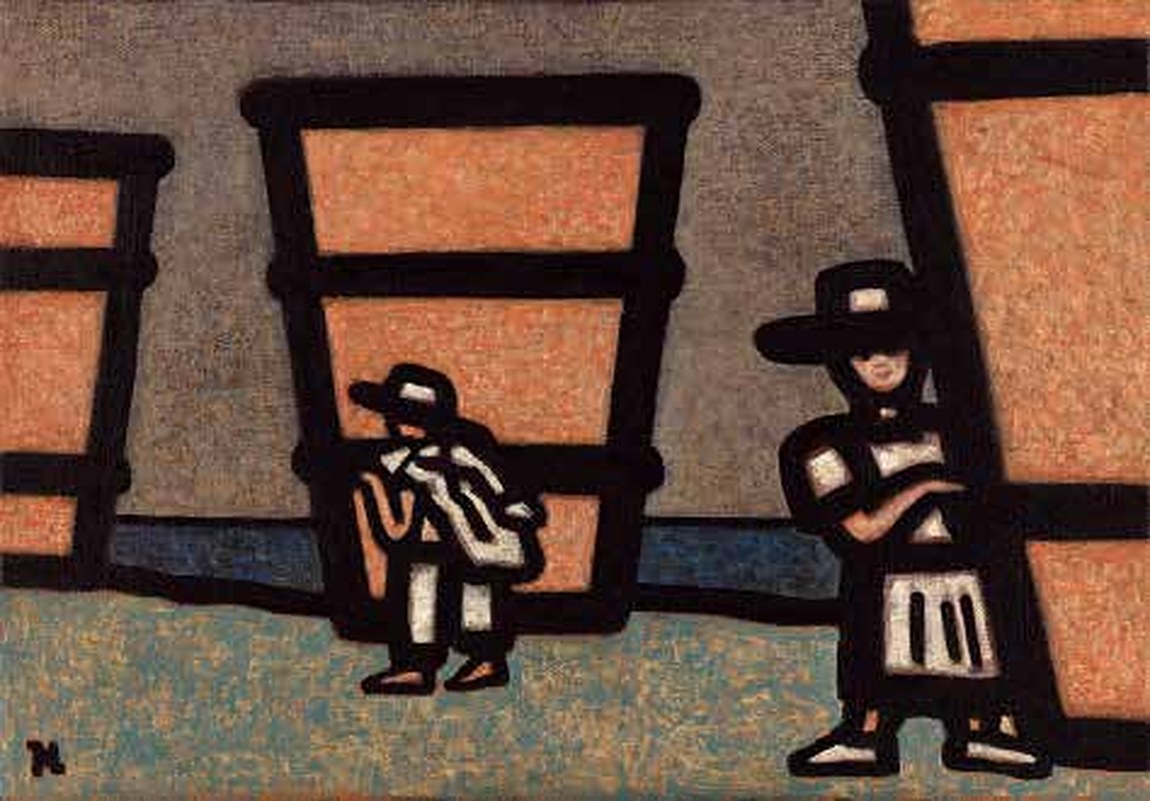 Two figures in hats in front of large pots on the beach at dusk