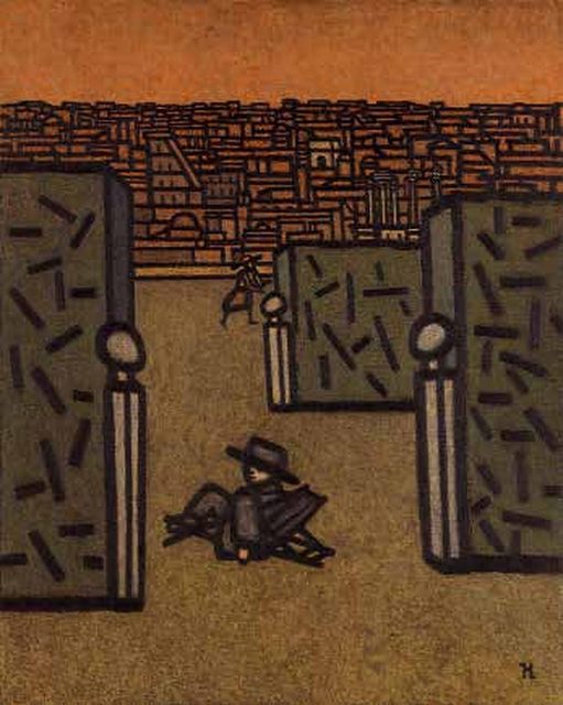 Entre setos y columnas, una figura lee tumbada en la hierba ante los tejados de Roma