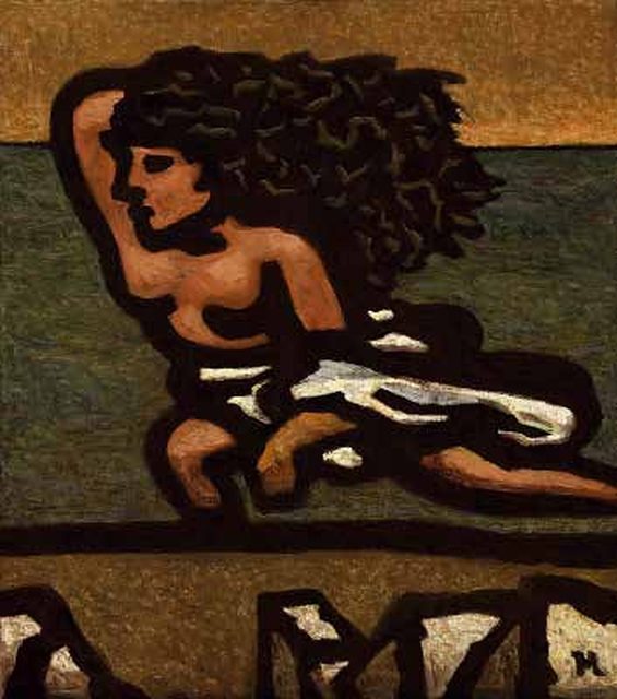 Mujer de largo pelo negro tumbada, con el brazo tras la cabeza